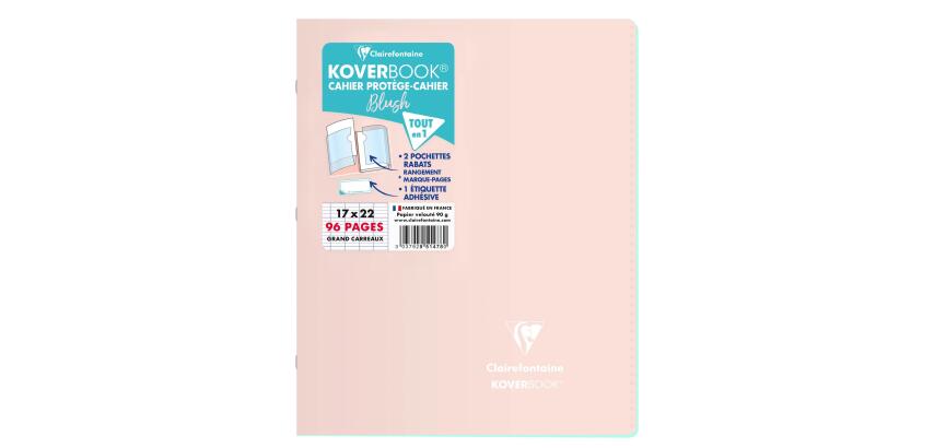 Cahier piqué Koverbook Blush 17x22cm 96 pages grands carreaux couverture polypropylène opaque bicolore - Rose poudré/Menthe à l'eau