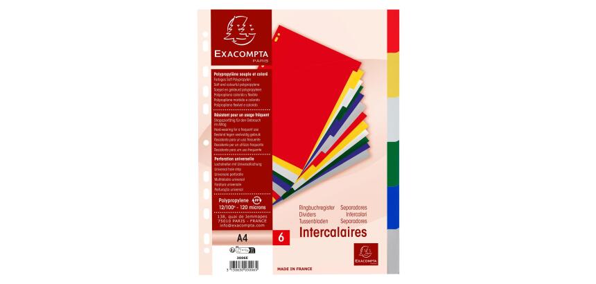 Separadores Exacompta polipropileno flexible 12x100º 6 posiciones - A4 - Colores surtidos