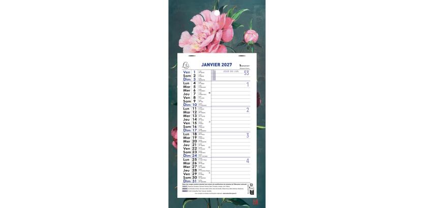Calendrier mensuel Sophie Adde avec feuillets détachables 13 x 23 cm sur support plaque imprimée 16 x 33 cm 2027 Fleurs - Visuels assortis