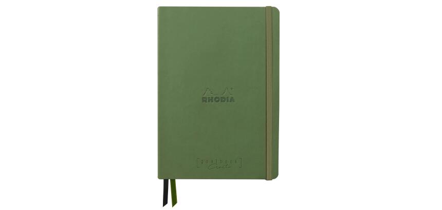 Rhodiarama Goalbook Creation rembordé rigide A5 160 pages papier Maya noir lisse dot 120g avec élastique - Sauge