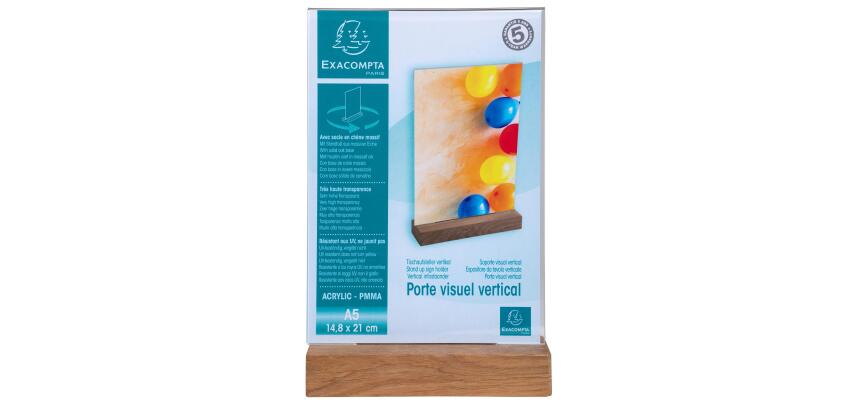 Porta-avvisi da tavolo con base in legno per formato A5 - Cristallo