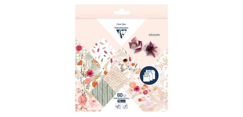 ORIGAMI, Pochette de 60 feuilles 70g/m2 3 formats - Fleurs séchées - Multicolore