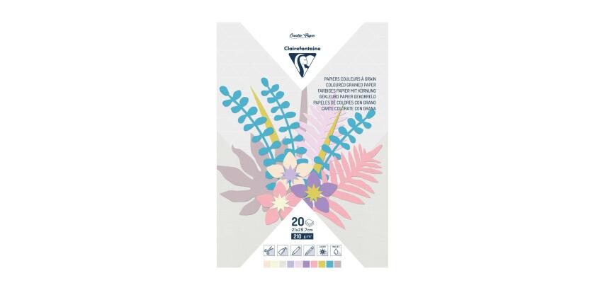 PAPIER COULEUR À GRAIN, Bloc de 20 feuilles 210g/m2 au format 21x29,7cm - Assortiment pastel - Assortiment