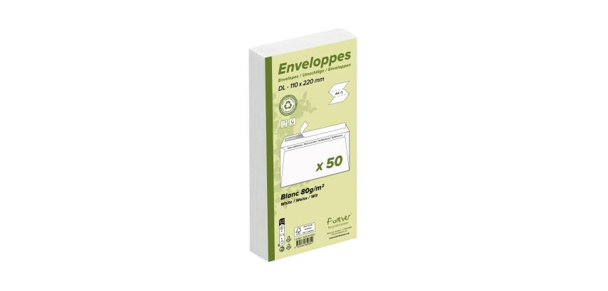 Paquet de 50 Enveloppes Forever 100% Recyclé DL-110x220mm Auto-Adhésives - 80g/m2 - Blanc