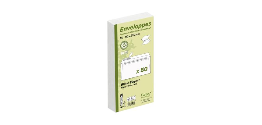 Weiße Briefumschläge Forever haftklebend DIN lang 110x220mm, 80g, 100% recycelt, Packung mit 50 Stück - Weiß