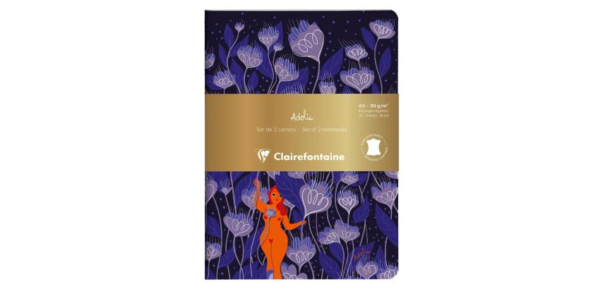 Adolie, Set de 2 carnets cousu fil A5 14,8x21 cm, 64 pages, ligné. Bloom. 1 carnet couverture cuir + 1 carnet couverture carte imprimée, ass.