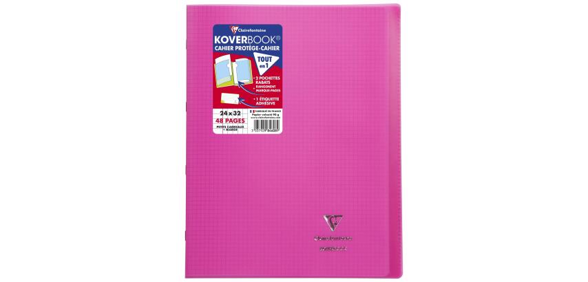 Cahier piqué Koverbook 24x32 cm 48 pages petits carreaux + marge couverture polypropylène transparent - Rose