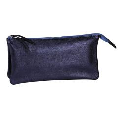 Große, flache Tasche aus Leder Cuirisé TM mit 2 Fächern 22x11cm - Petroleum