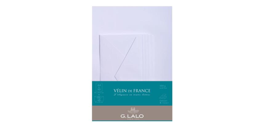 Ensemble Vélin de France 10 feuilles A4 et 5 enveloppes DL - Blanc