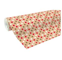Kraft Recycled, grote rol geschenkpapier 50mx70cm Motief Dots Rood/Wit/Goud - Kraft