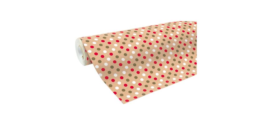 Kraft Recycled, grote rol geschenkpapier 50mx70cm Motief Dots Rood/Wit/Goud - Kraft