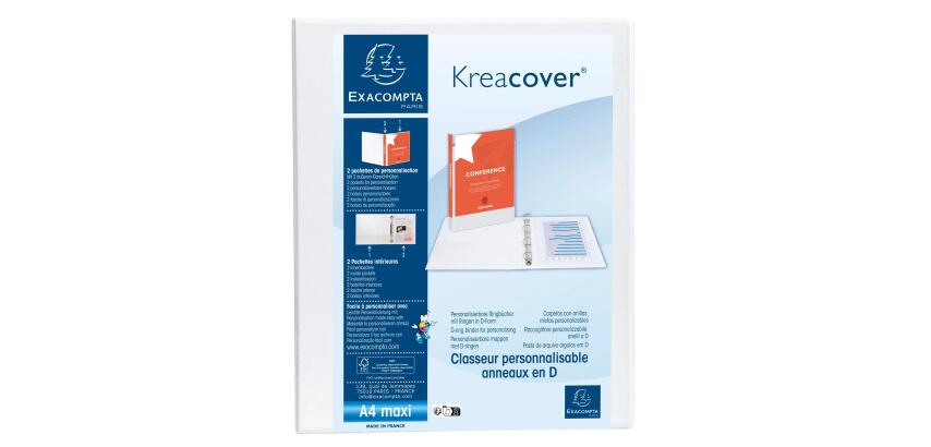Classeur 4 anneaux cartonné Exacompta Kreacover® personnalisable A4 maxi - Dos 4,7 cm blanc