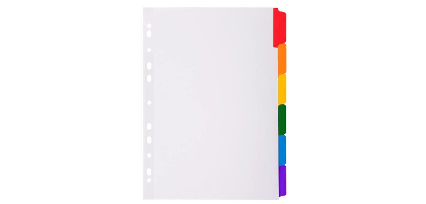 Intercalaires carte blanche 160g avec onglets couleurs renforcés - 6 positions - A4 - Blanc