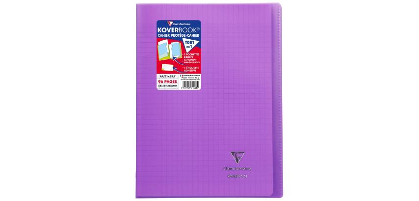 Cahier piqué Koverbook A4 96 pages grands carreaux couverture polypropylène transparent