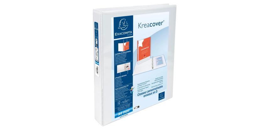 Classeur personnalisable rigide 2 poches KreaCover 2 anneaux en D 25mm - A4 maxi. - Blanc