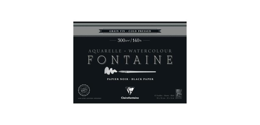 Fontaine , schwarzes Aquarellpapier, Block 4-seitig geleimt, 15 Blatt 300g feinkörnig, 26x36cm