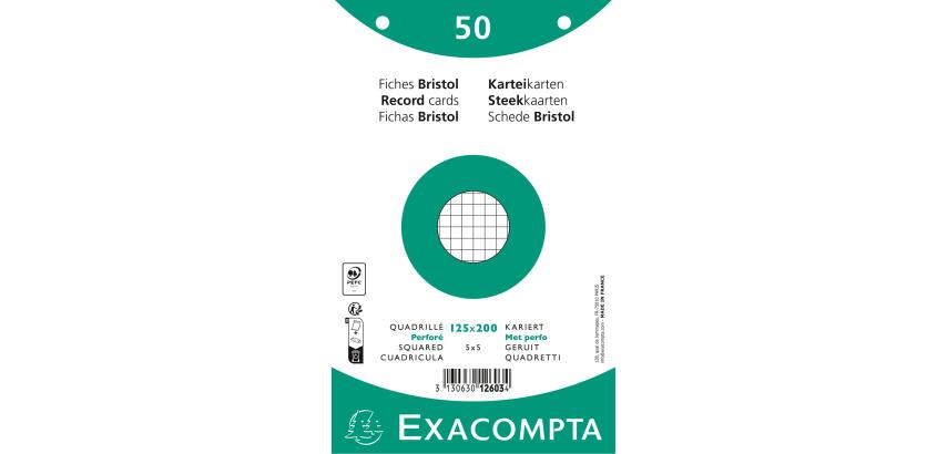 Paquet 50 fiches sous film - bristol quadrillé 5x5 perforé 125x200mm - Blanc
