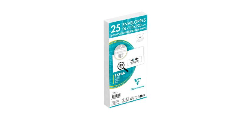 Paquet de 25 Enveloppes Blanches DL-110x220mm - Auto-Adhésives - 80g/m2 - Fenêtre Papier Cristal de 35x100 (position 20/20) - Blanc