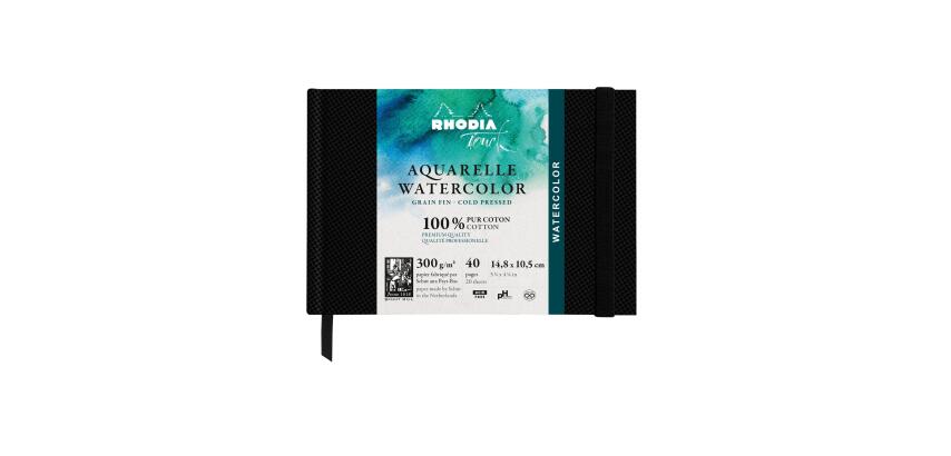 Rhodia Touch Watercolor Book, papier grain fin 100% coton 300g - A6 paysage, 40 pages - Noir