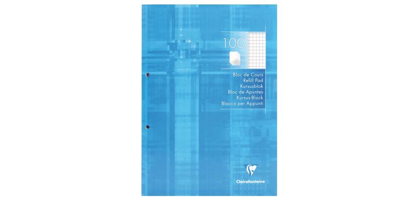 Bloc de cours encollé grand côté A4 200 pages détachables perforées 2 trous petits carreaux + marge - Bleu ciel