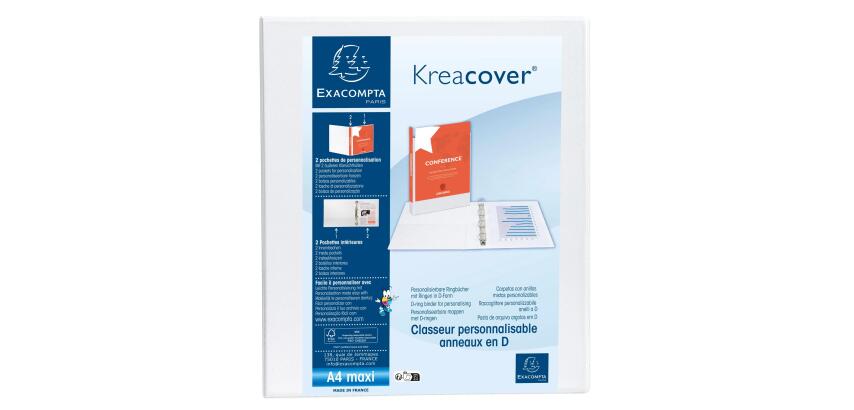 Classeur PP personnalisable Kreacover - 4 anneaux en D 20mm - A4 maxi - Blanc