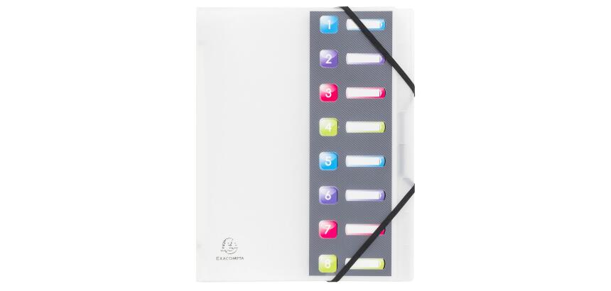 Eckspann-Ordnungsmappe aus PP 500µ mit Gummizug und 3 Klappen, 8 Fächer mit Index-Fenstern, für Format DIN A4 - Crystal Colours - Farben sortiert