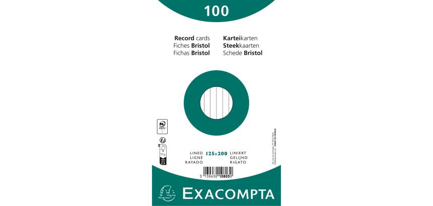 Exacompta Pack 100 Record Cards 12.5x20cm Lined Wht - White