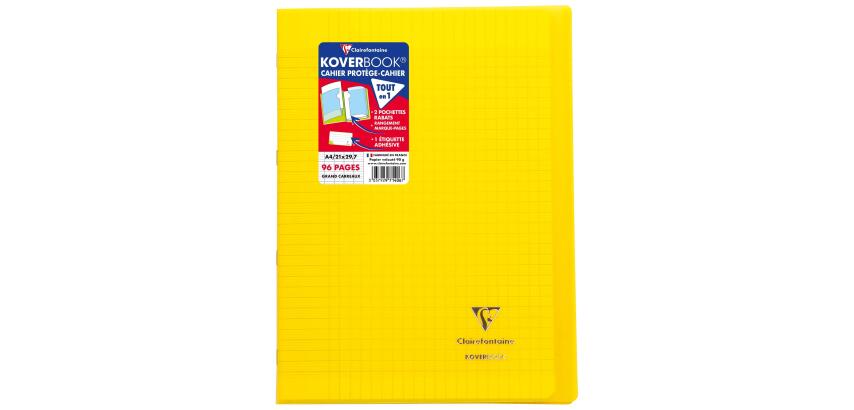 Cahier piqué Koverbook A4 96 pages grands carreaux couverture polypropylène transparent