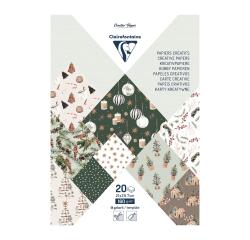 PAPIERS IMPRIMÉS, Bloc de 20 feuilles à motifs 160g/m2 au format A4 (21x29,7cm) + 1 idée créative - Noël cosy - Multicolore