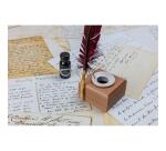 Encrier porcelaine rond et support en bois