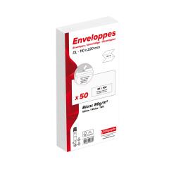 Paquet de 50 Enveloppes Blanches DL-110x220mm - Auto-Adhésives - 80g/m2 - Fenêtre Papier Cristal 35x100 (position 20/20) - Blanc