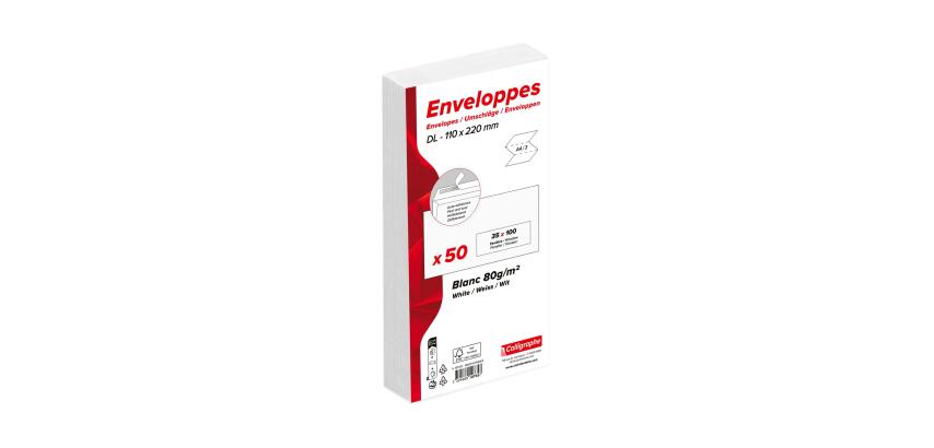 Paquet de 50 Enveloppes Blanches DL-110x220mm - Auto-Adhésives - 80g/m2 - Fenêtre Papier Cristal 35x100 (position 20/20) - Blanc