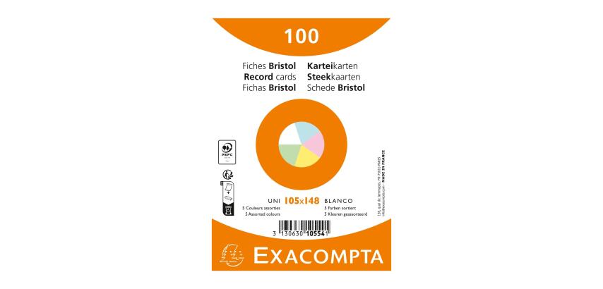 Paquet de 100 fiches sous film - Bristol UNI non perforé 105x148mm - Couleurs assorties