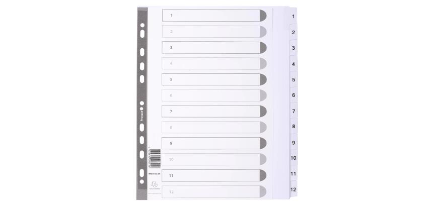 Bedruckte Register mit plastifizierten Taben, 12 Taben von 1 bis 12, DIN A4 Maxi - Weiß