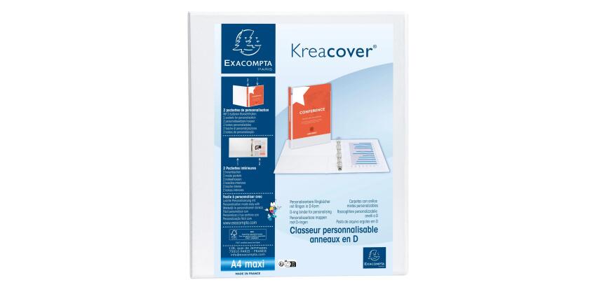 Classeur PP personnalisable Kreacover - 4 anneaux en D 20mm - A4 maxi - Blanc