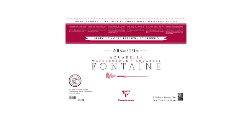 Fontaine, Packung mit 5 Bogen Aquarellpapier mit Büttenrand, 56x76 cm, feinkörnig, 300g weiß