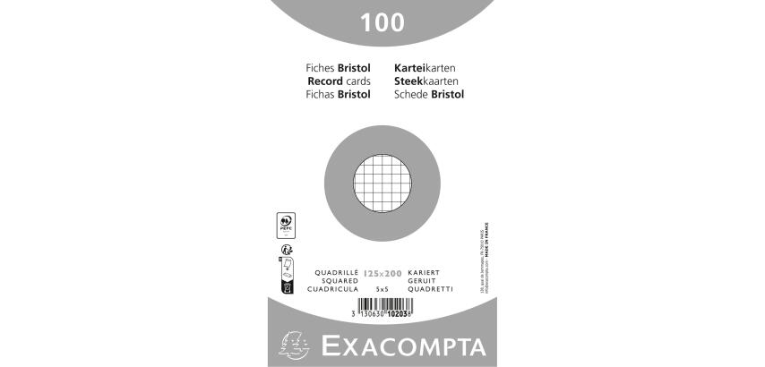 Paquete 100 fichas Exacompta cartulina Bristol retractil - cuadricula 5x5 sin taladro 125x200mm - Blanco