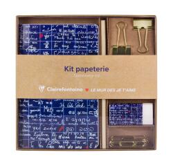 Le Mur des Je t'aime, Kit de papeterie contenant un carnet 11x17 cm 64 pages lignées, un crayon de papier, 2 pinces doubles-clip, 10 trombones et une gomme
