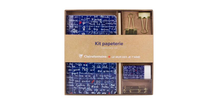 Le Mur des Je t'aime, Kit de papeterie contenant un carnet 11x17 cm 64 pages lignées, un crayon de papier, 2 pinces doubles-clip, 10 trombones et une gomme