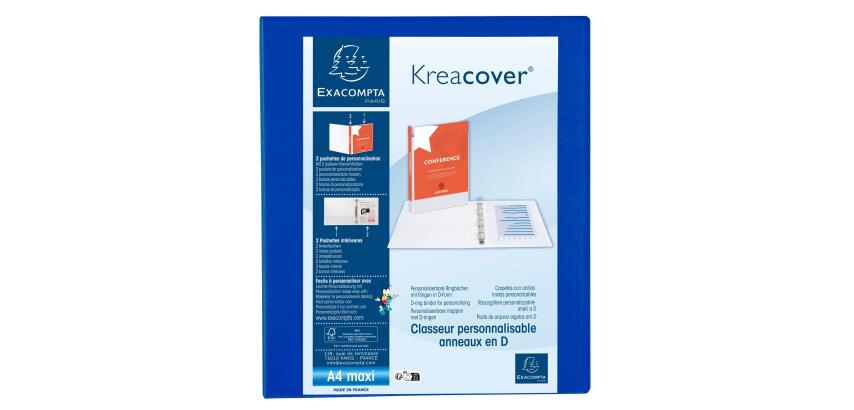 Classeur PP personnalisable Kreacover - 4 anneaux en D 30mm - A4 maxi - Bleu