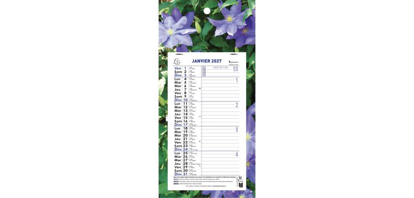 Calendrier mensuel Nature avec feuillets détachables 13 x 23 cm sur support plaque imprimée 16 x 33 cm 2027 - Visuel aléatoire
