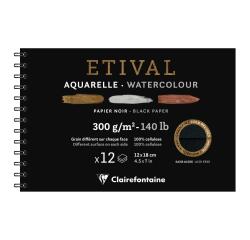 Etival, schwarzes Aquarellpapier, Block mit Spiralbindung, 12 Blatt 300g, 12x18cm, doppelte Körnung