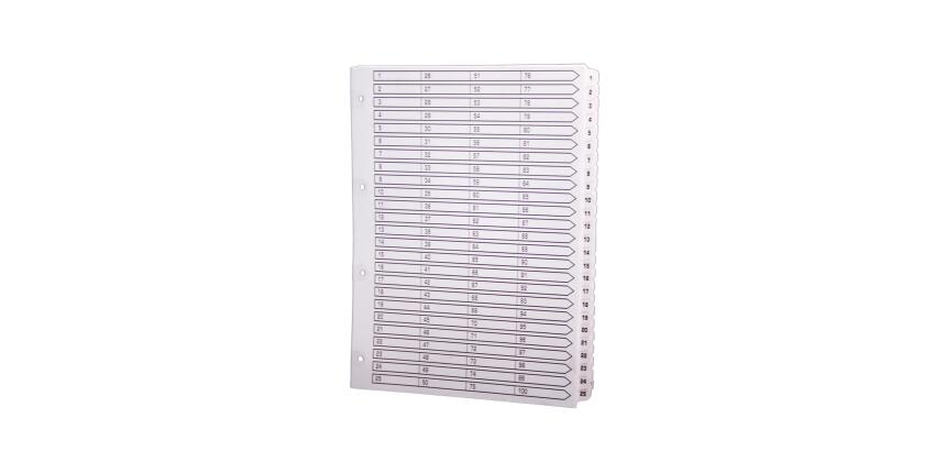 Intercalaires imprimés à touches plastifiées - 100 touches 1 à 100 - A4 - Blanc