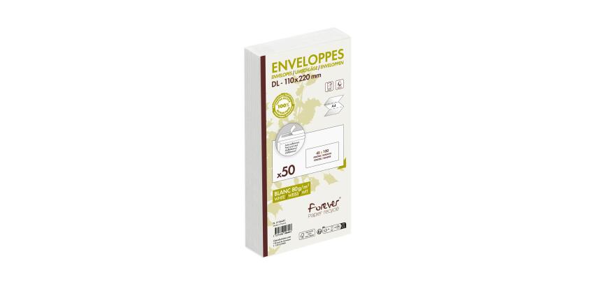 Paquet de 50 Enveloppes Forever 100% Recyclé DL-110x220mm 80g Auto-Adhésives - 80g/m2 - Fenêtre Papier Cristal 45x100 (position 20/20) - Blanc