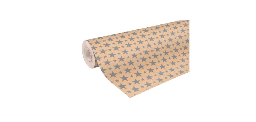Kraft Recycled, grote rol geschenkpapier 50mx70cm Motief Christmas zilveren sterren - Zilver