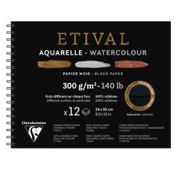 Etival, schwarzes Aquarellpapier, Block mit Spiralbindung, 12 Blatt 300g, 24x30cm, doppelte Körnung