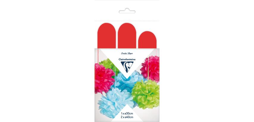 PAPIER DE SOIE, Set de 3 pompons à suspendre Ø30x1 et Ø40x2 - Rouge