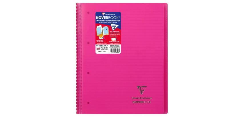 Cahier reliure intégrale enveloppante Koverbook A4+ 160 pages ligné + marge détachables perforé 4 trous couverture polypropylène transparent - Rose
