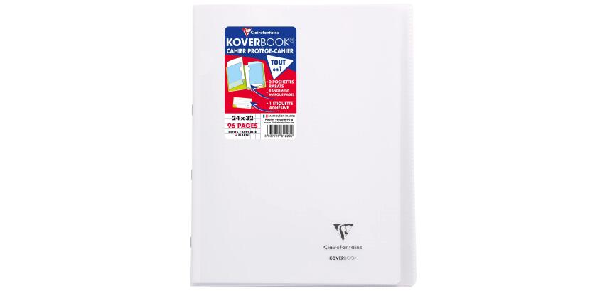 Cahier piqué Koverbook 24x32cm 96 pages petits carreaux + marge couverture polypropylène transparent - Incolore