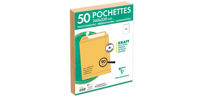 Versandtaschen haftklebend, gestreiftes braunes Kraftpapier, 260x330mm, 90g, Packung mit 50 Stück - Braun